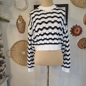 Striped Navy Blue and White Open Ponte Knit Cropped Preppy Coastal Sweater
